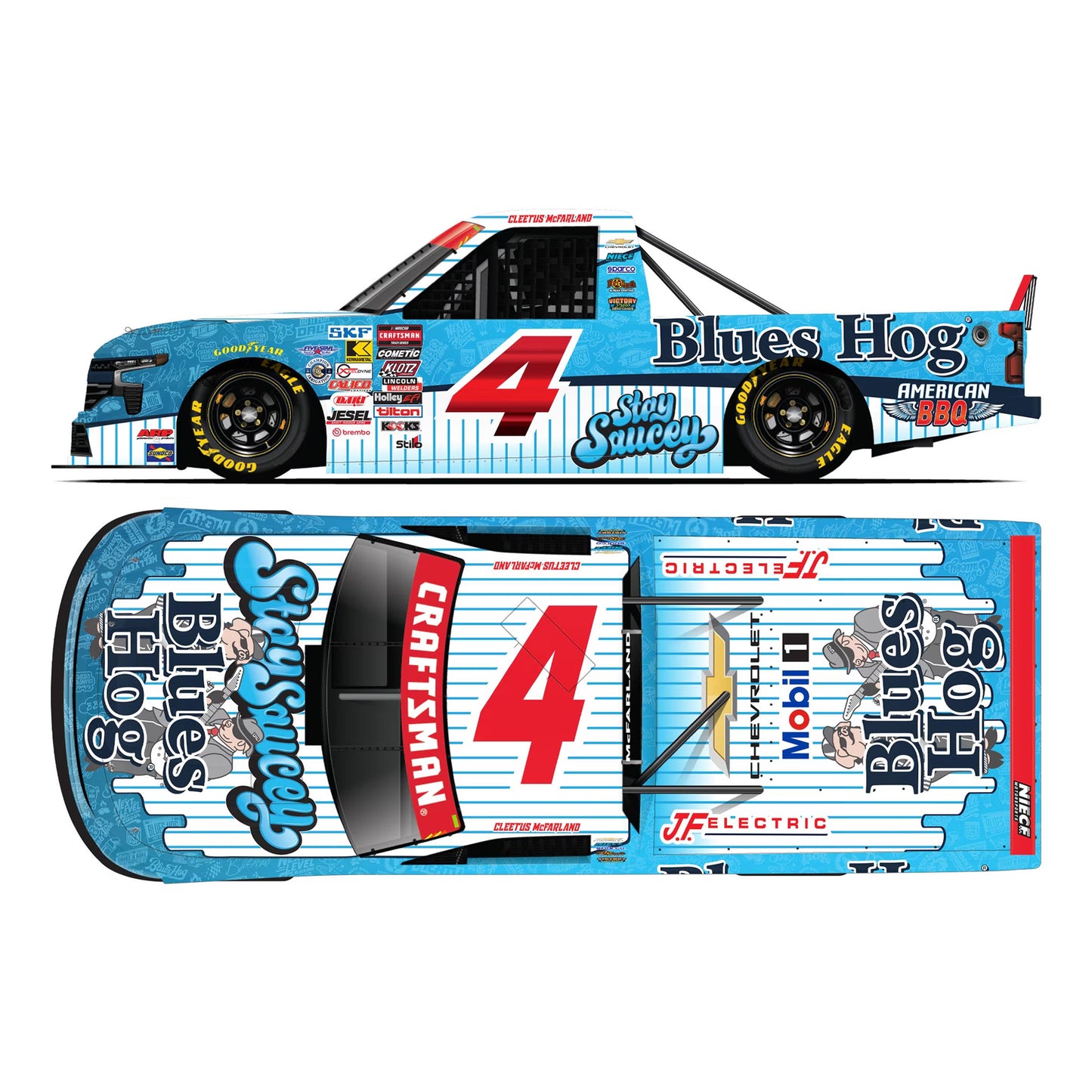NASCAR truck with 'Blues Hog' and 'Stay Saucey' branding on a white background