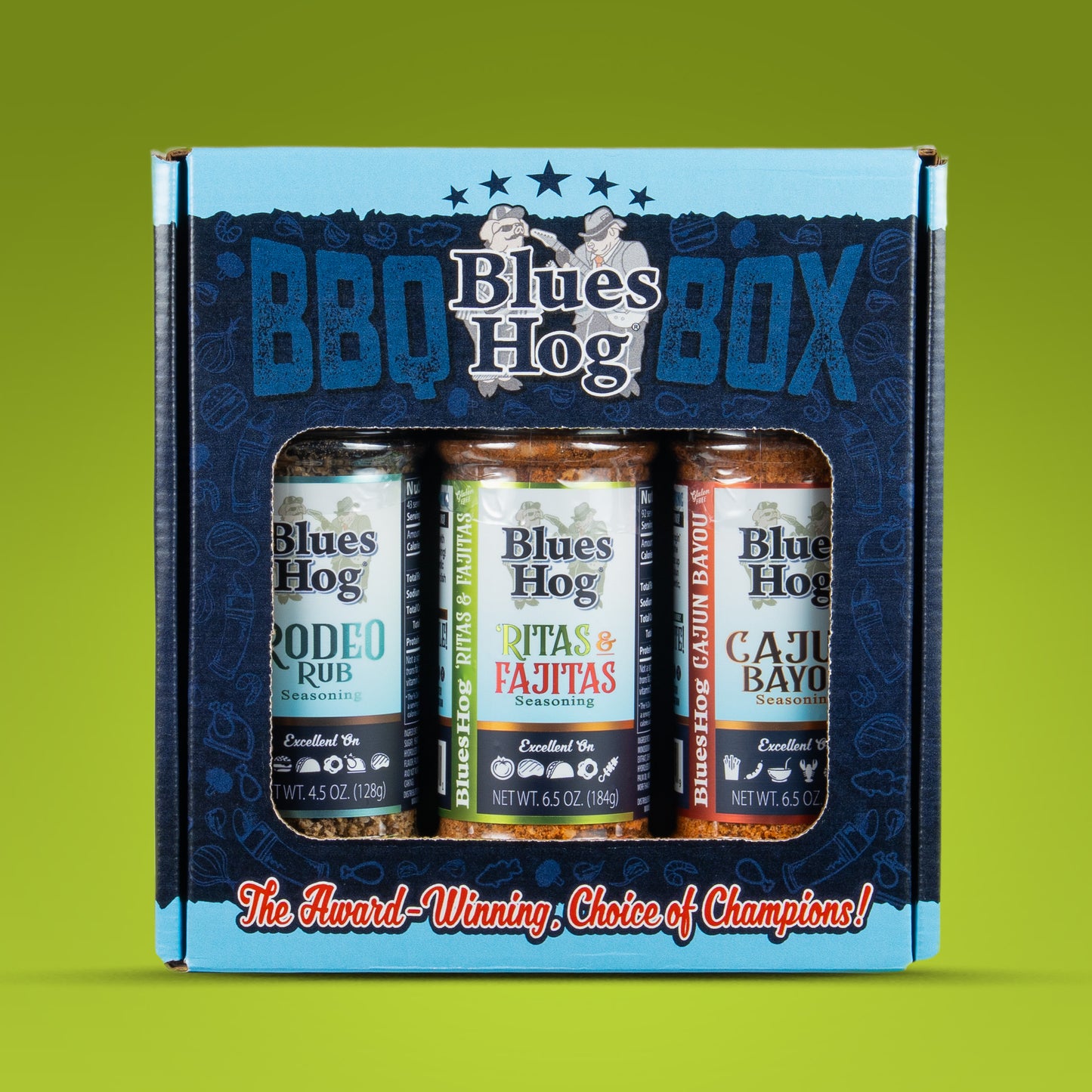 Blues Hog Seasonings BBQ Box  Cajun Bayou, Ritas & Fajitas & Rodeo Rub Variety Pack - Blues Hog