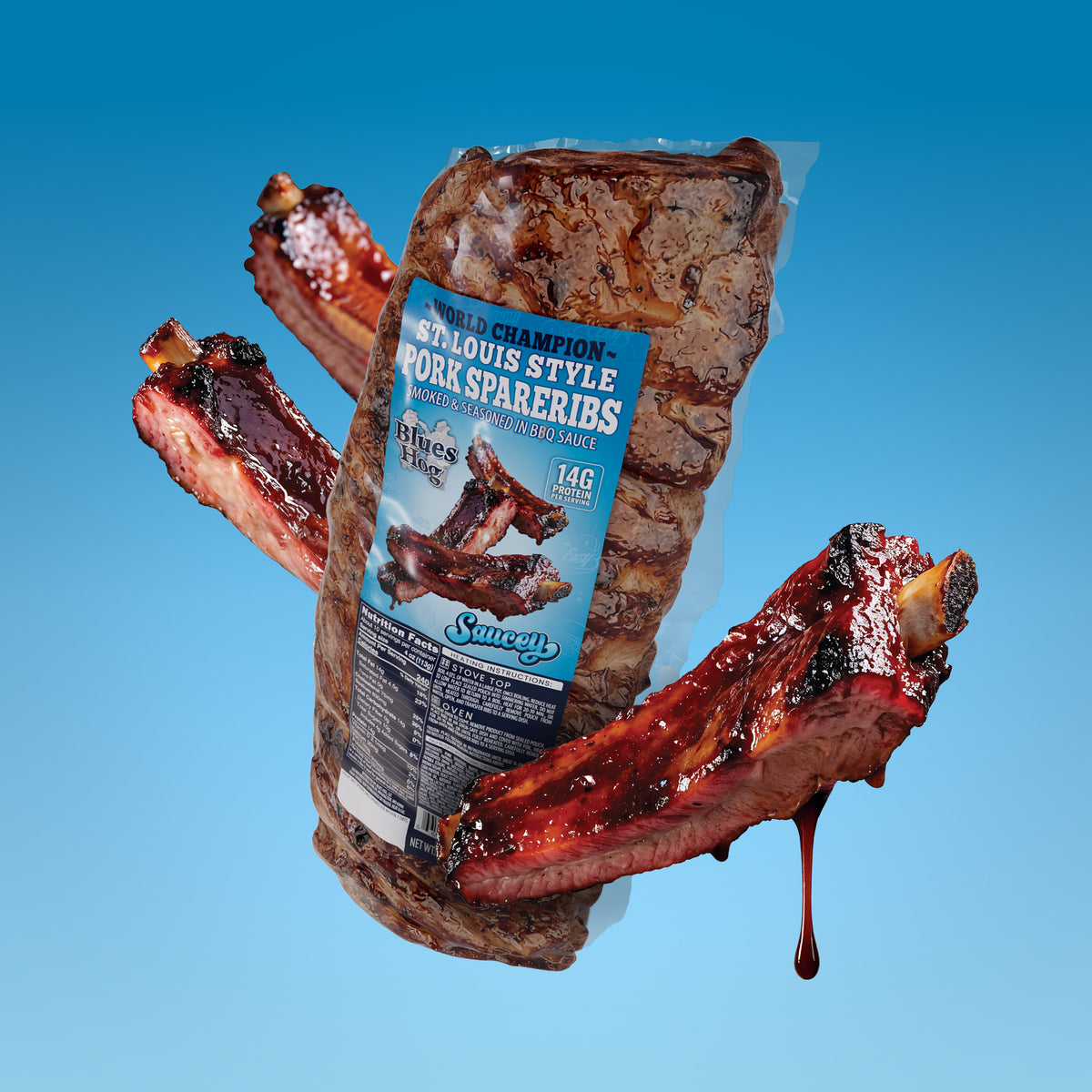 BBQ St. Louis Style Pork Spareribs, Smoked & Seasoned - 42 oz. - Blues Hog